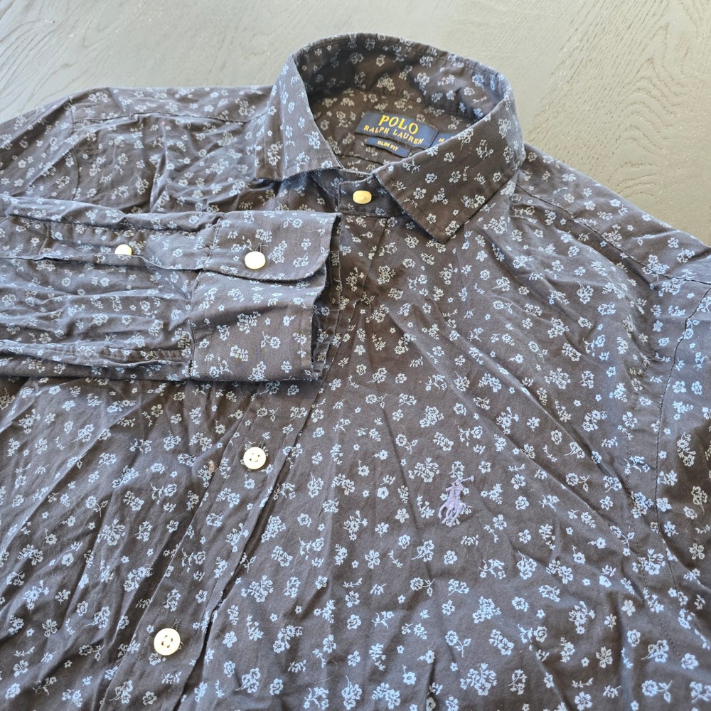 Polo Ralph Lauren Mens Slim Fit Floral Button Down Shirt Navy Blue Medium M